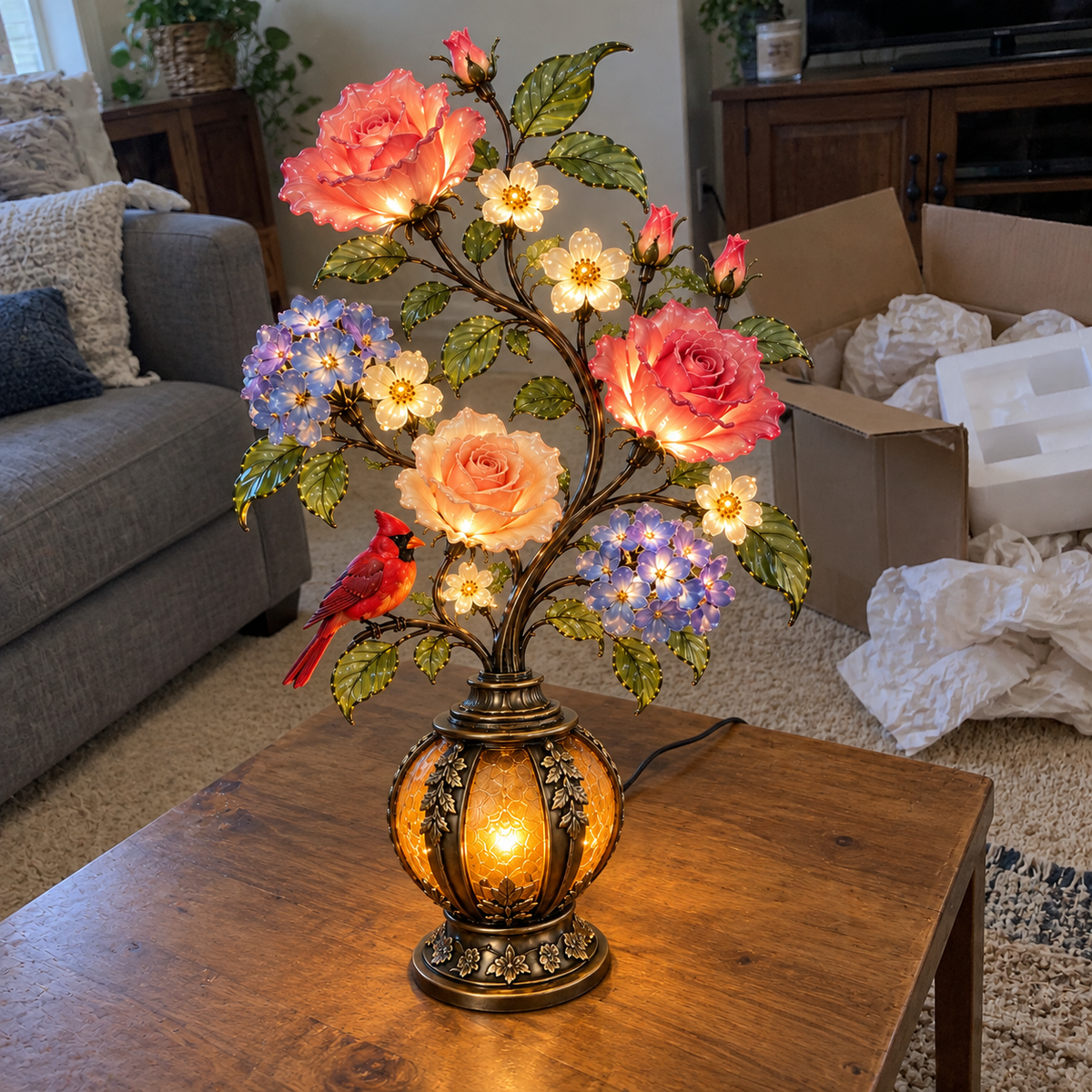 🎁Last Day 49% OFF🔥🌹✨ Eternal Bloom – Vintage Rose & Cardinal Table Lamp