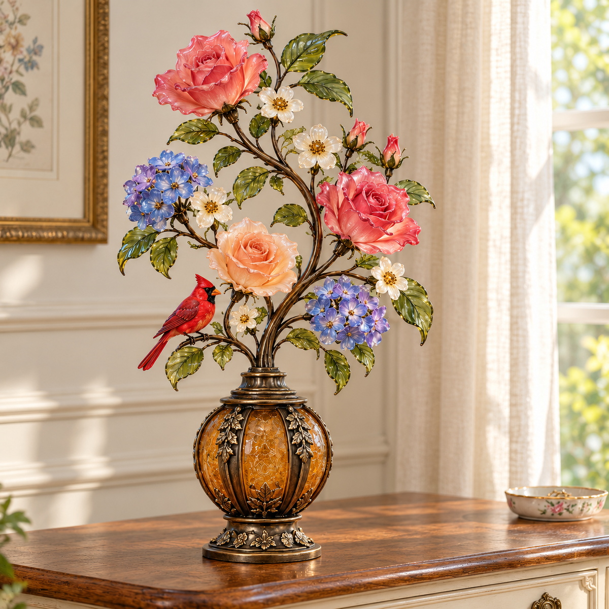 🎁Last Day 49% OFF🔥🌹✨ Eternal Bloom – Vintage Rose & Cardinal Table Lamp