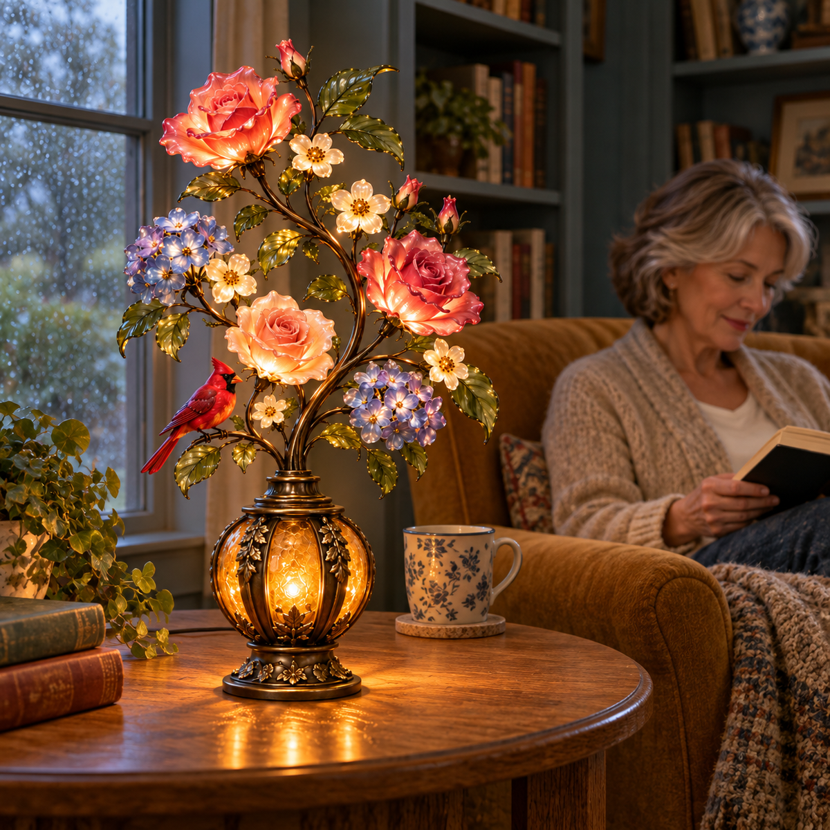 🎁Last Day 49% OFF🔥🌹✨ Eternal Bloom – Vintage Rose & Cardinal Table Lamp