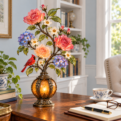 🎁Last Day 49% OFF🔥🌹✨ Eternal Bloom – Vintage Rose & Cardinal Table Lamp