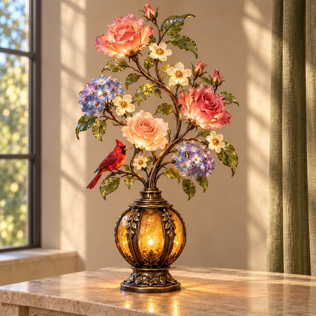 🎁Last Day 49% OFF🔥🌹✨ Eternal Bloom – Vintage Rose & Cardinal Table Lamp