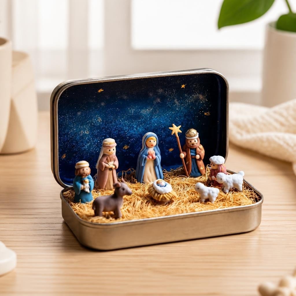 🎁Last Day 49% OFF🔥✝️ Scatolina ricordo con mini presepe — Set tascabile della Sacra Famiglia natalizia