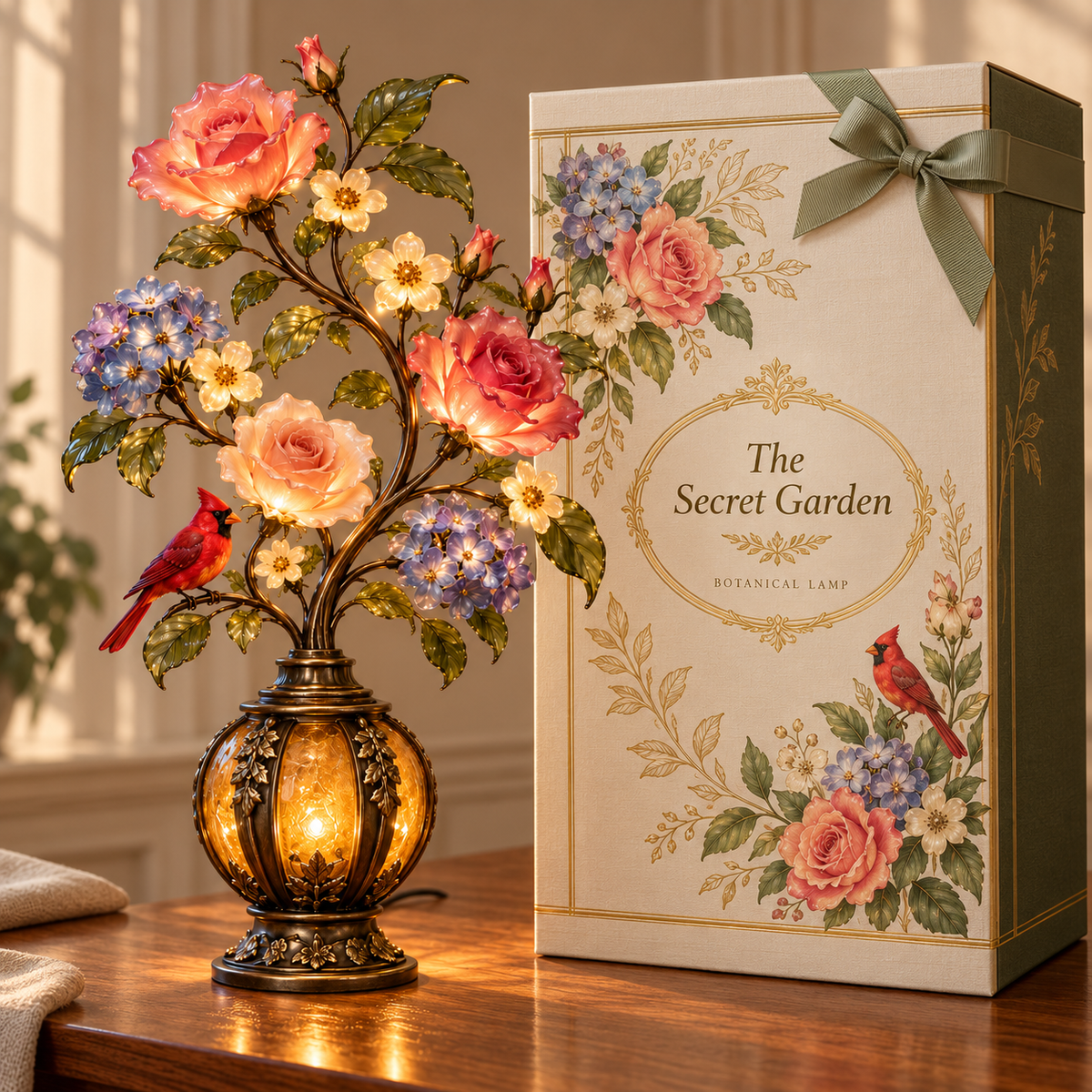 🎁Last Day 49% OFF🔥🌹✨ Eternal Bloom – Vintage Rose & Cardinal Table Lamp