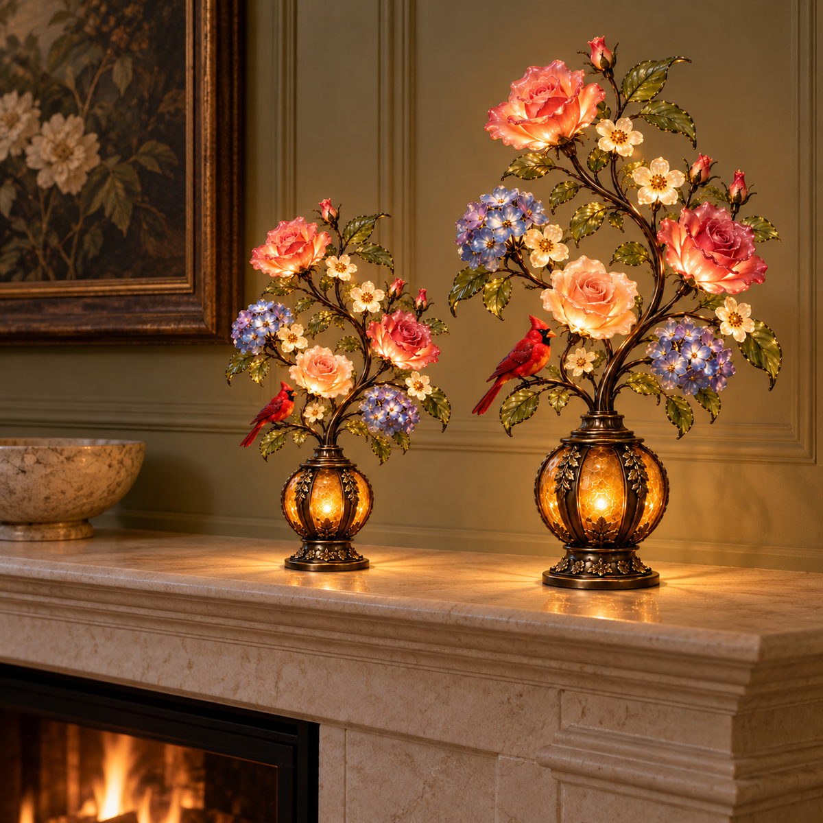 🎁Last Day 49% OFF🔥🌹✨ Eternal Bloom – Vintage Rose & Cardinal Table Lamp