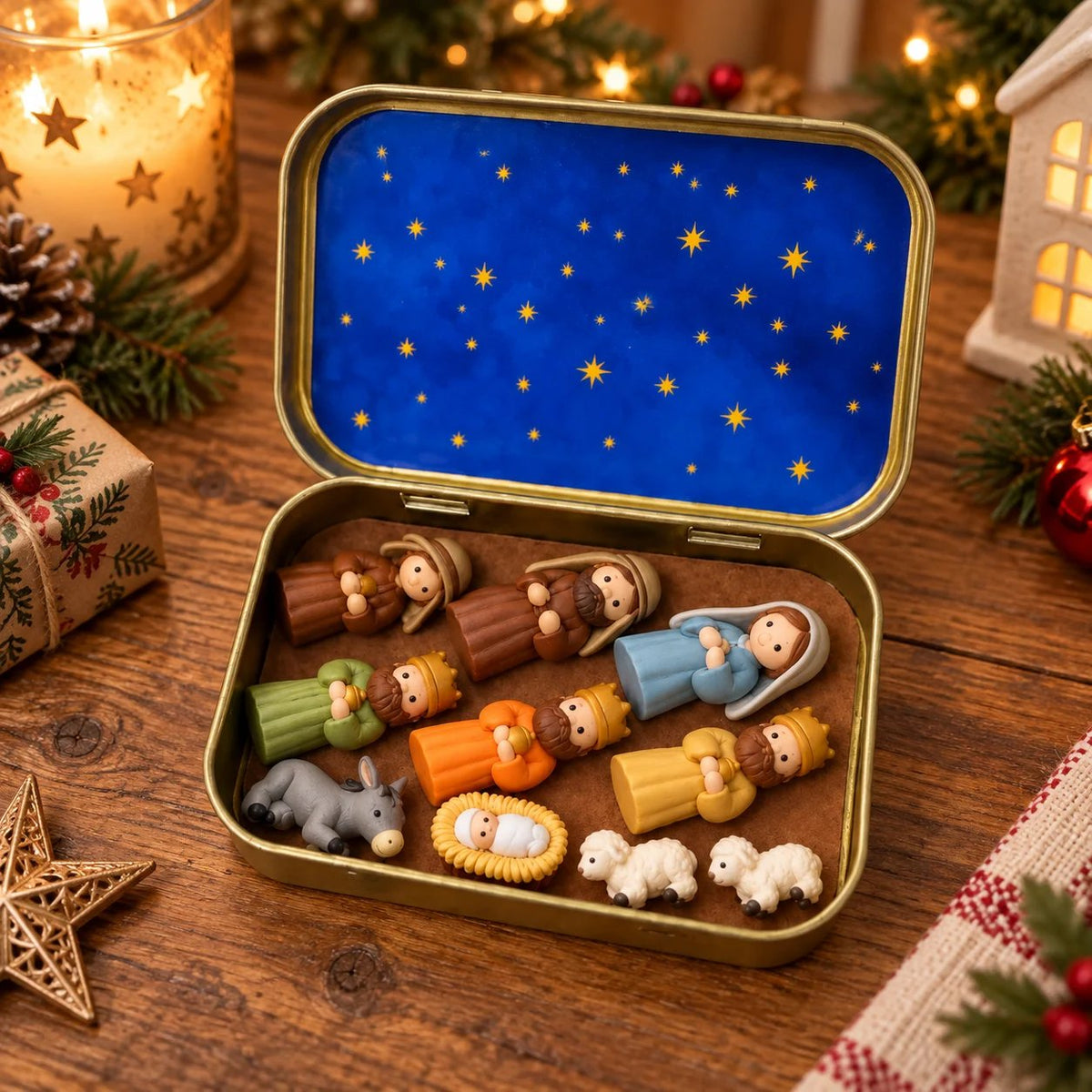 🎁Last Day 49% OFF🔥✝️ Scatolina ricordo con mini presepe — Set tascabile della Sacra Famiglia natalizia