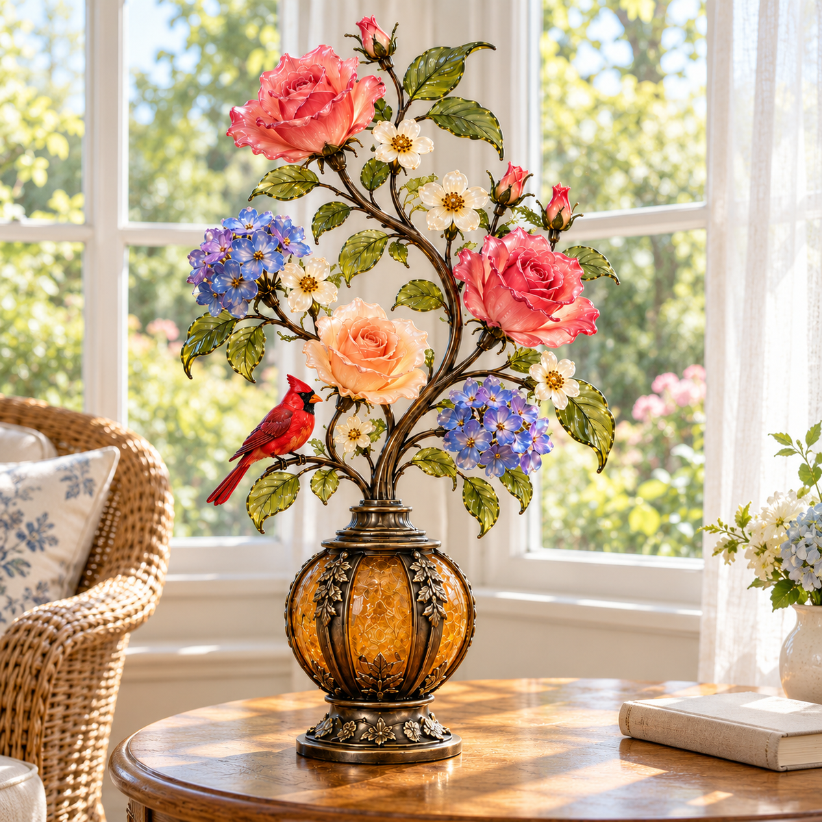 🎁Last Day 49% OFF🔥🌹✨ Eternal Bloom – Vintage Rose & Cardinal Table Lamp