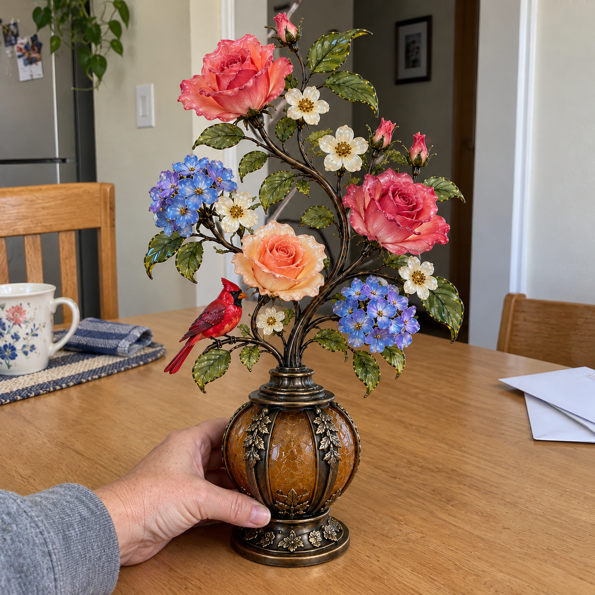🎁Last Day 49% OFF🔥🌹✨ Eternal Bloom – Vintage Rose & Cardinal Table Lamp