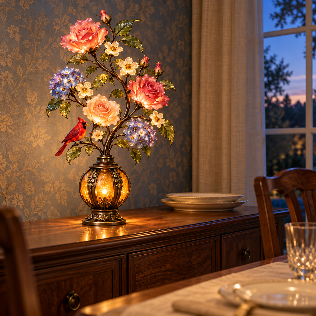🎁Last Day 49% OFF🔥🌹✨ Eternal Bloom – Vintage Rose & Cardinal Table Lamp