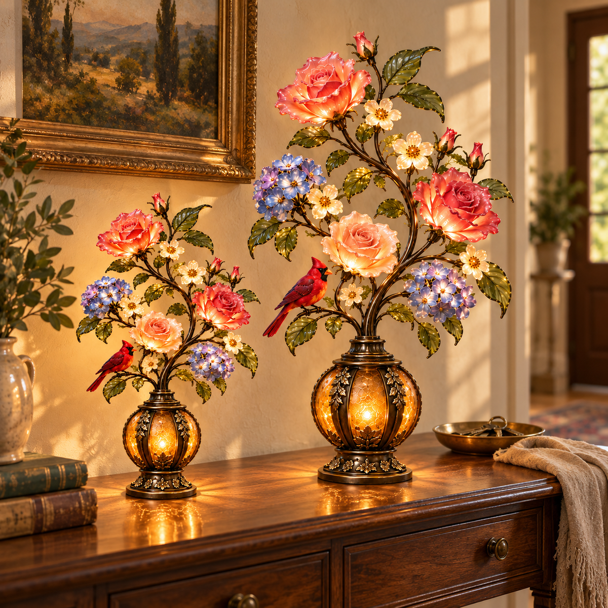 🎁Last Day 49% OFF🔥🌹✨ Eternal Bloom – Vintage Rose & Cardinal Table Lamp