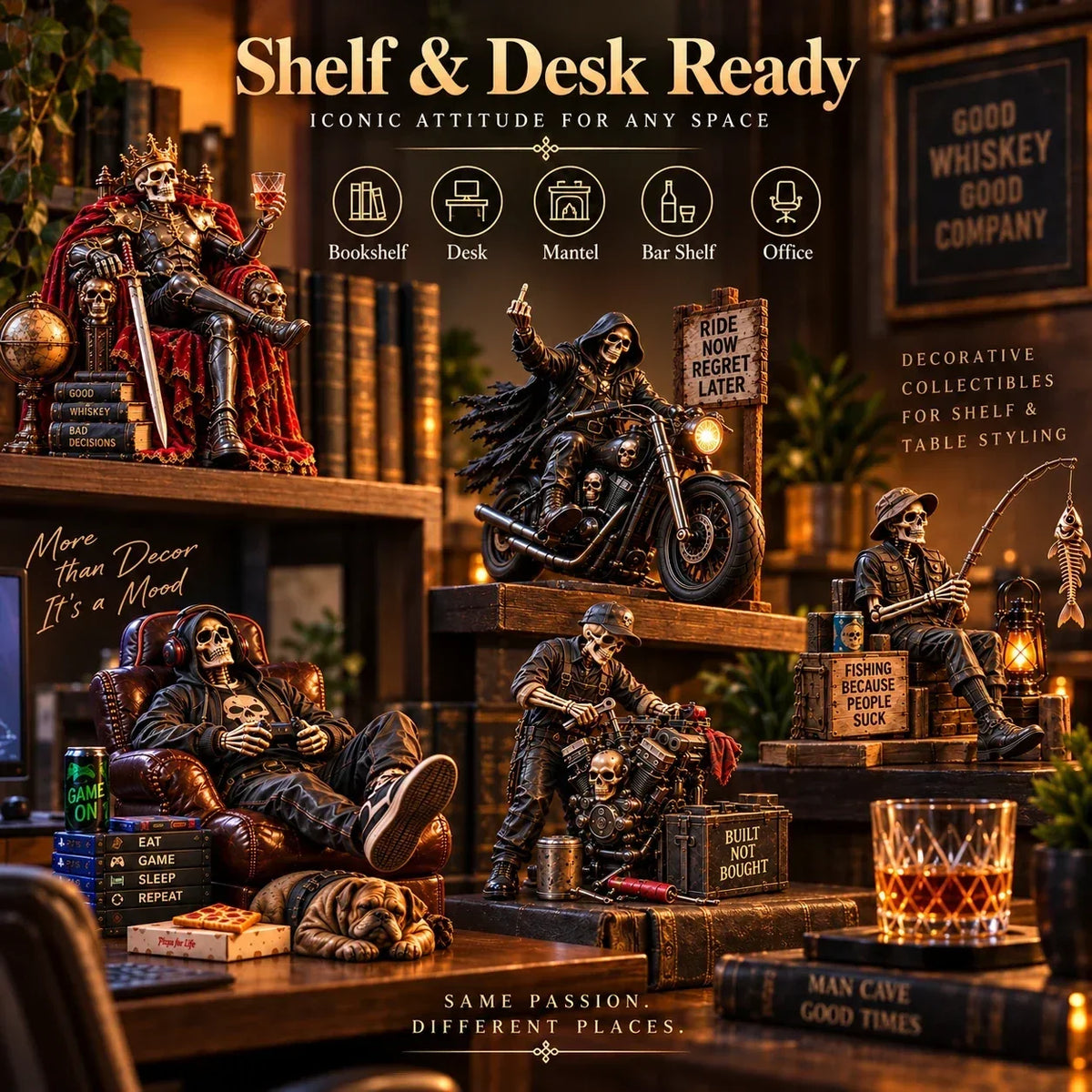 💀🔥 Bad to the Bone – 6 Dark Humor Skeleton Collectibles for Men, Man Cave Decor & Unique Gifts 🎁