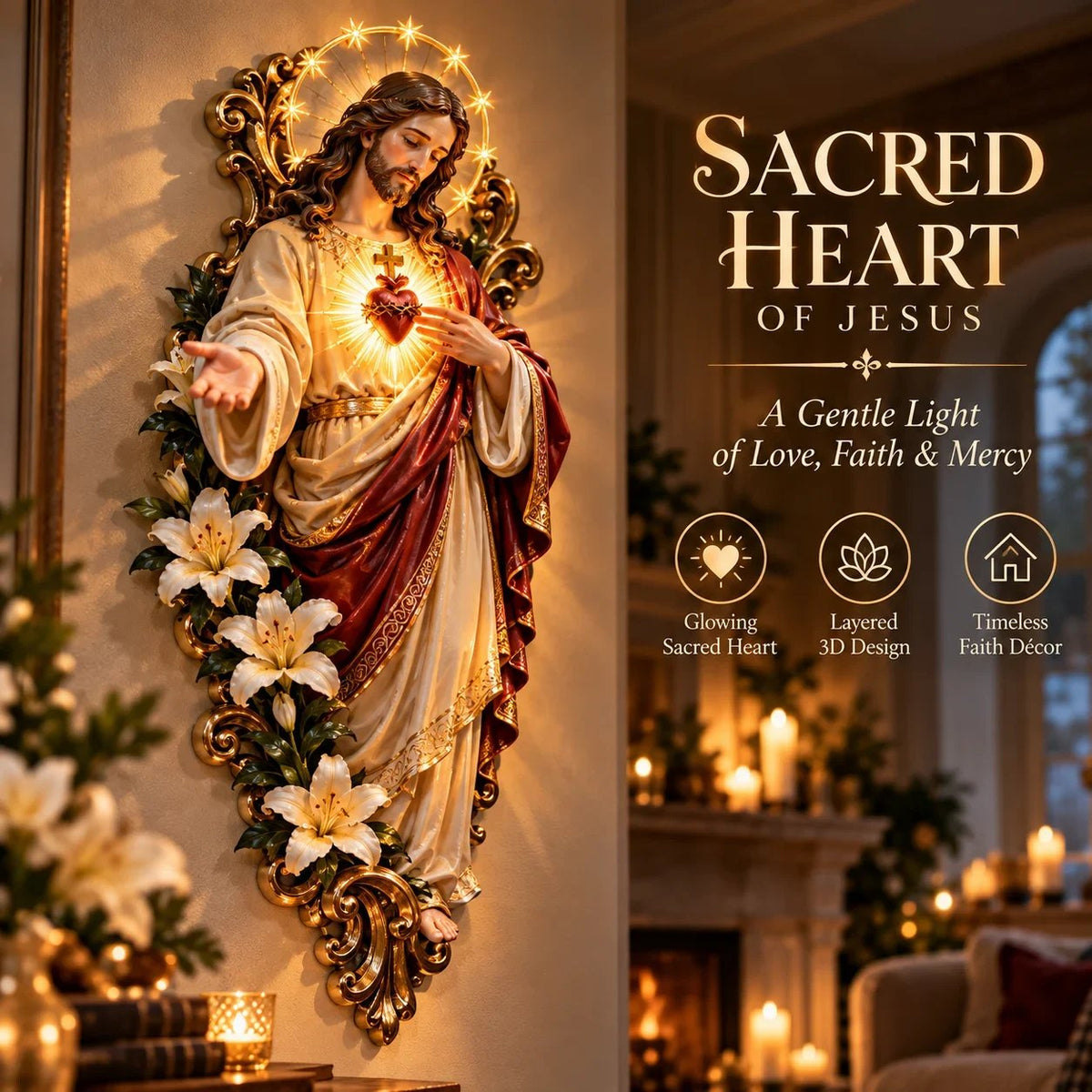 🔥HOT SALE🔥 50% OFF - ✨ Sacred Heart of Jesus 3D Lighted Wall Décor