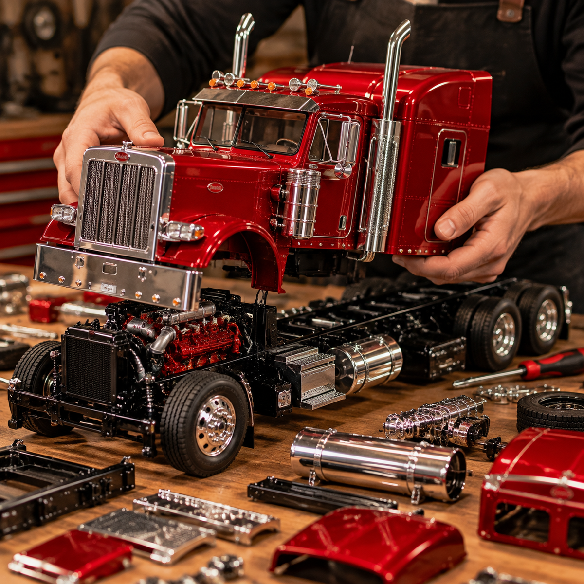 🎁Last Day 49% OFF🔥🚛 Candy Apple Red American Truck Model Kit – Build Your Own Classic Semi Truck