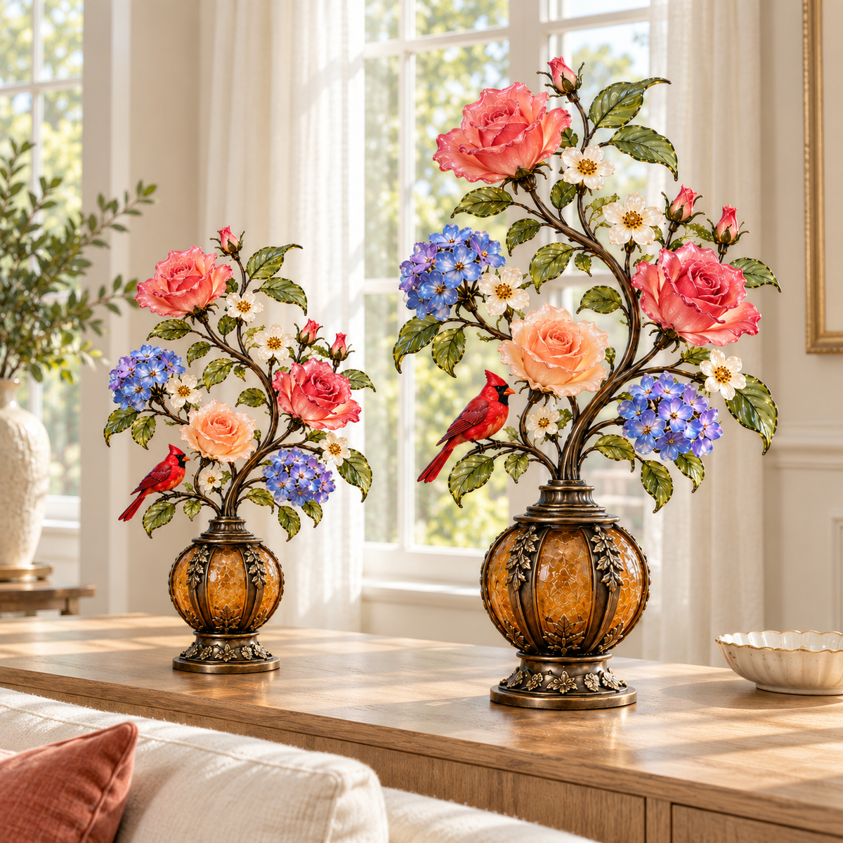 🎁Last Day 49% OFF🔥🌹✨ Eternal Bloom – Vintage Rose & Cardinal Table Lamp