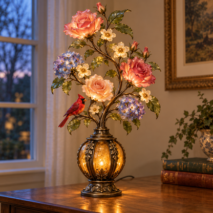 🎁Last Day 49% OFF🔥🌹✨ Eternal Bloom – Vintage Rose & Cardinal Table Lamp