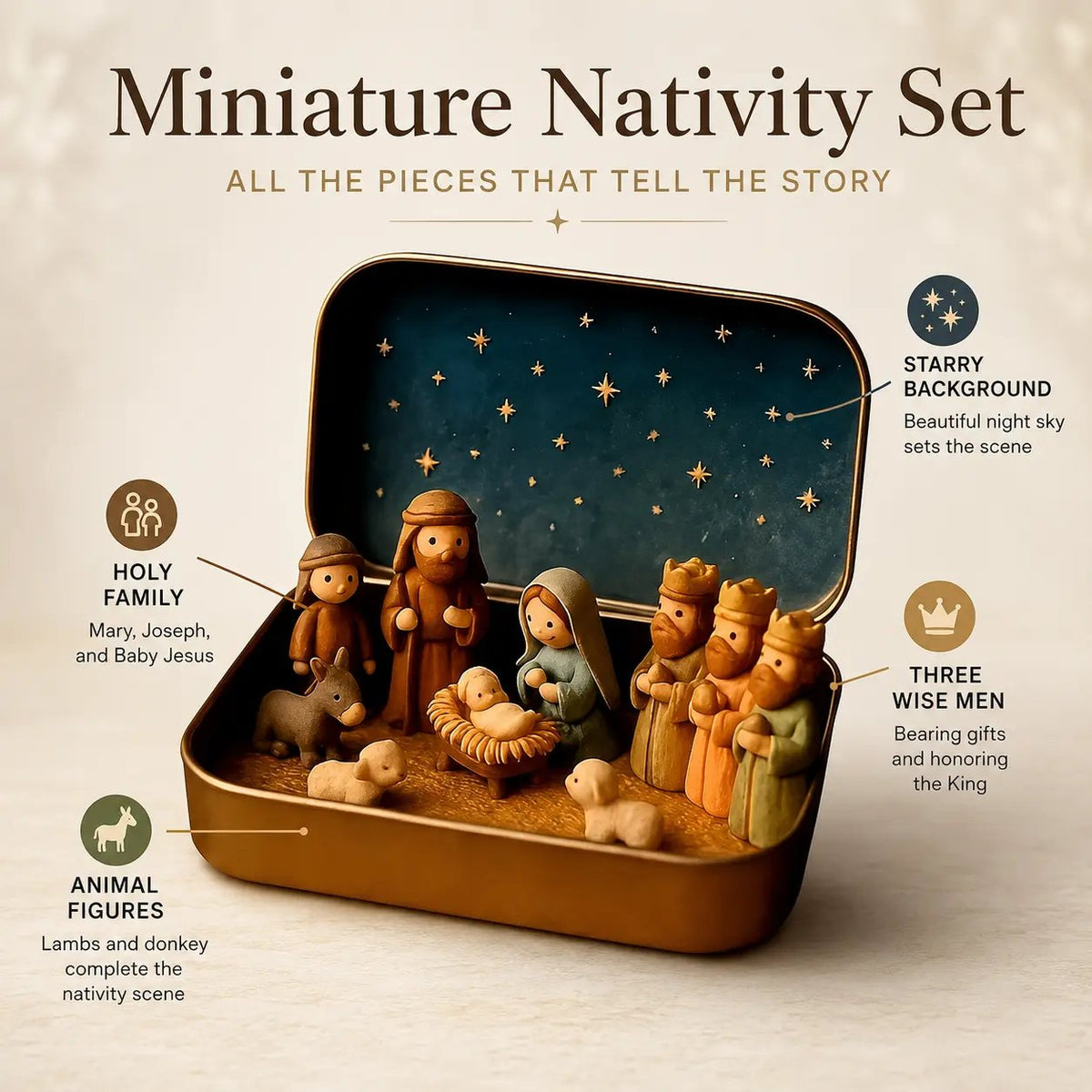 🎁Last Day 49% OFF🔥✝️ Scatolina ricordo con mini presepe — Set tascabile della Sacra Famiglia natalizia