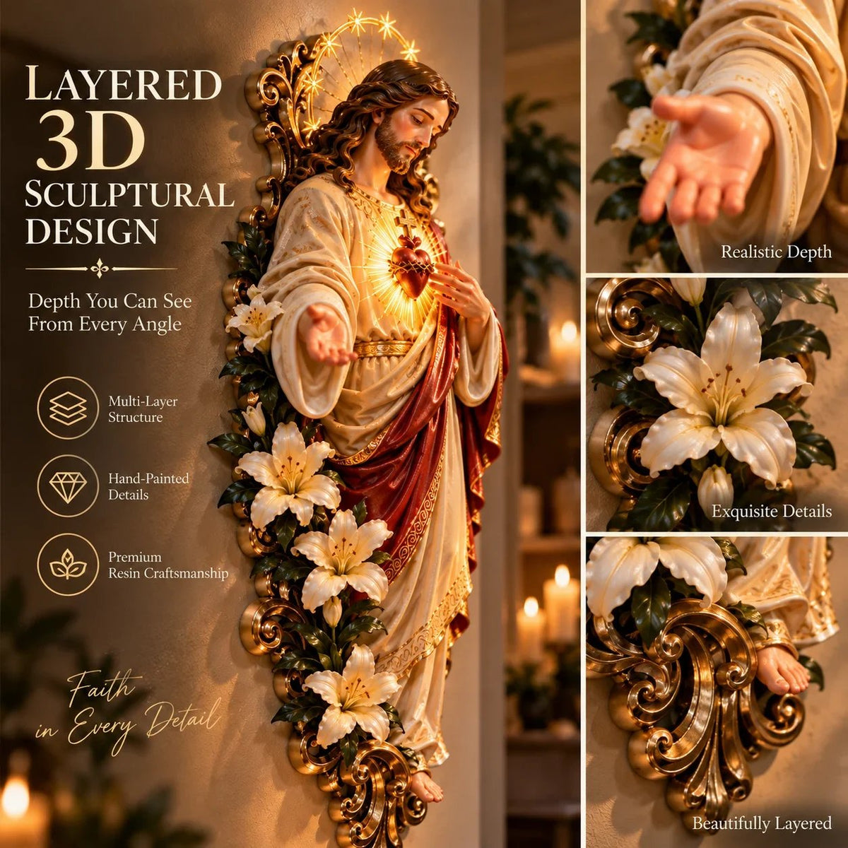 🔥HOT SALE🔥 50% OFF - ✨ Sacred Heart of Jesus 3D Lighted Wall Décor